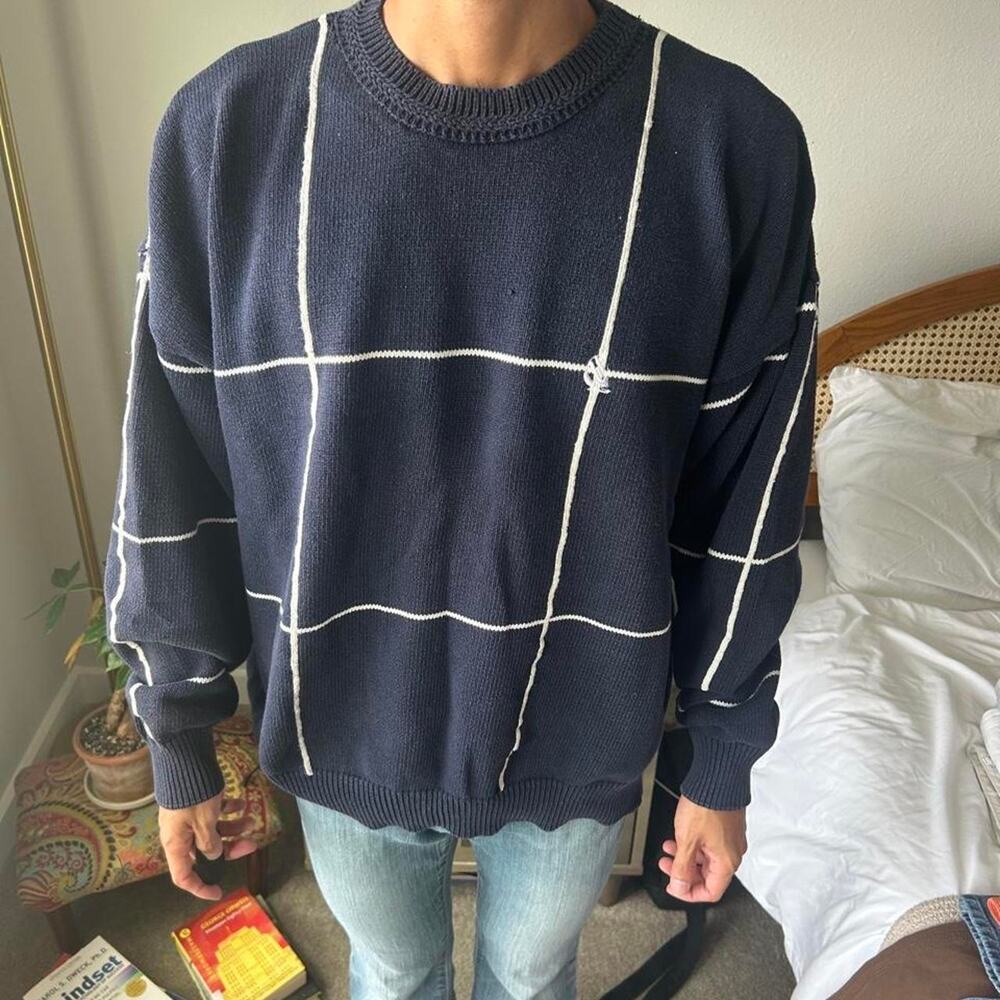 VTG 90s Nautica Crewneck Sweater Mens XL Navy Blue Cotton Windowpane Grid Check